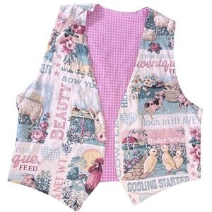 Vintage Handmade Farm Animal Vest Women Large Cottage Prairie Folk Novelty Indie
